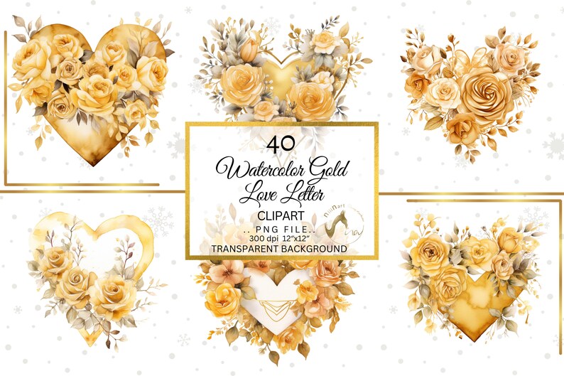 Op de afbeelding: Watercolor gouden bloemenhart clipart. De afbeelding toont zes hartvormige ontwerpen met gele rozen en bladeren. De tekst in de afbeelding luidt "40 Watercolor Gold Love Letter Clipart PNG FILE 300 dpi 12"x12" TRANSPARENT BACKGROUND."