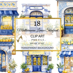 Watercolor Mediterranean Storefront Clipart, Lemon Shop PNG, Lemon shopfront Clip art, blue store png, lemon store clip art, Santorini PNG