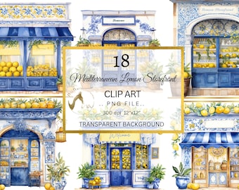 Watercolor Mediterranean Storefront Clipart, Lemon Shop PNG, Lemon shopfront Clip art, blue store png, lemon store clip art, Santorini PNG