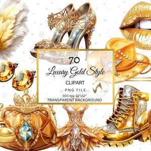 Clipart glamour in oro, borsette in oro, clipart con tacchi alti in oro, matrimonio d'oro, festa d'oro, PNG oro glamour, PNG moda oro, sublimazione