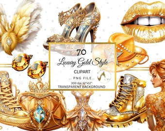 Gold Glam Fashion Clipart, Handbags, Heels PNG (Digital Download)