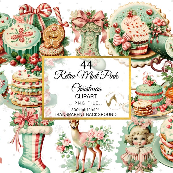 Retro Christmas Sweets Clipart Bundle, Christmas Candy, Cookies, Pastel Colors, Christmas Cake, Reindeer, Cookies, Transparent Background