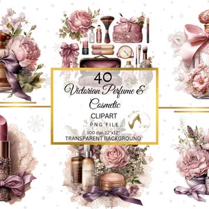 May include: A set of 40 digital illustrations of Victorian-style perfume bottles, cosmetics, and floral arrangements. The images are in PNG format with a transparent background and are 12 inches by 12 inches at 300 dpi.