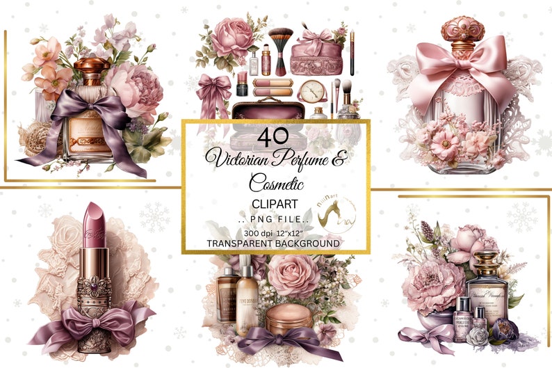 May include: A set of 40 digital illustrations of Victorian-style perfume bottles, cosmetics, and floral arrangements. The images are in PNG format with a transparent background and are 12 inches by 12 inches at 300 dpi.