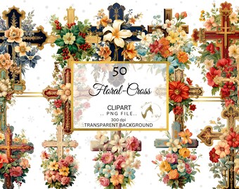 レトロな花柄の十字架のクリップアート 50 点、ヴィンテージ クリスチャン PNG (デジタル ダウンロード)