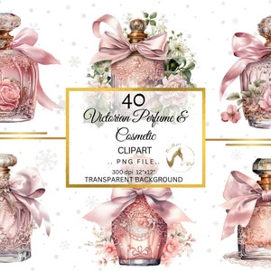 May include: Set of 40 Victorian-style perfume bottles with pink bows and floral accents. The bottles are transparent with gold detailing and have a vintage aesthetic. The image has a white background with snowflakes.