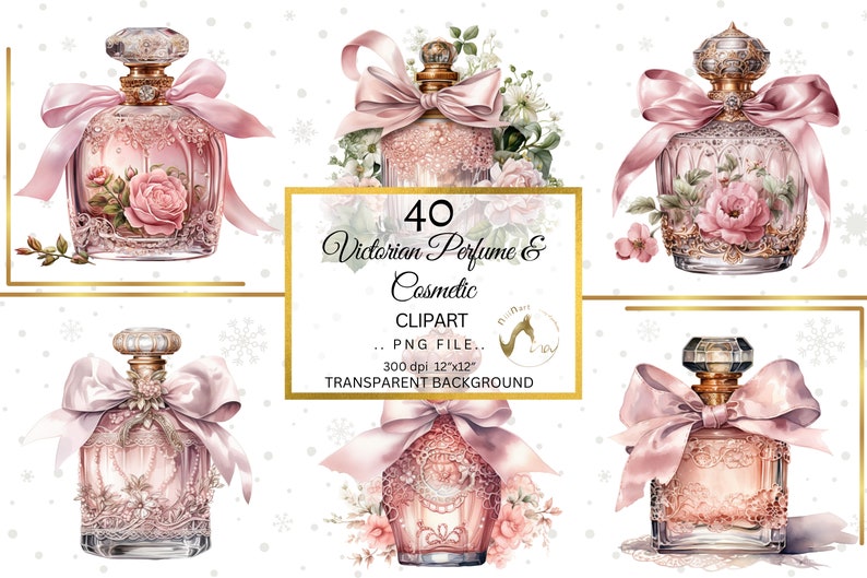 May include: Set of 40 Victorian-style perfume bottles with pink bows and floral accents. The bottles are transparent with gold detailing and have a vintage aesthetic. The image has a white background with snowflakes.