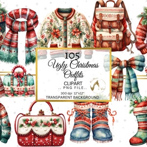 Laides tenues de Noël Clipart Bundle, pulls laids Clipart, Clipart de Noël, pulls collants, tenues de vacances, robe d’hiver Clipart, PNG
