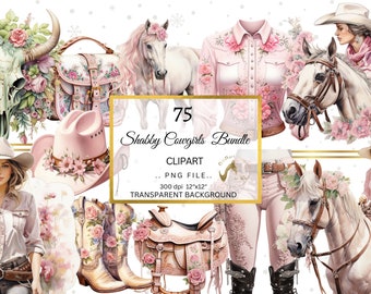 May include: A digital clipart bundle of 75 shabby chic cowgirl illustrations. The illustrations include a cow skull with pink flowers, a pink cowboy hat with flowers, a pink cowboy shirt with floral embroidery, a saddle with pink flowers, a pair of cowboy boots with pink flowers, and a white horse with pink flowers.