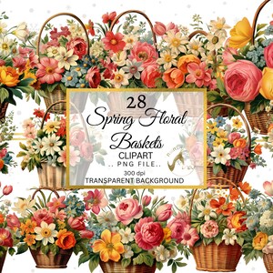 Panier floral Clipart, Panier de printemps PNG, panier vintage Téléchargement numérique, Floral PNG Clipart, vintage Floral Ephemera, Panier de Pâques PNG