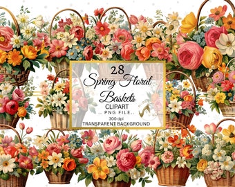 Floral Basket Clipart, Vintage Spring PNG (Digital Download)