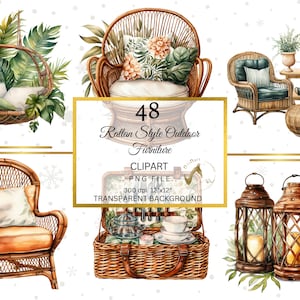 Tropical Decor Rattan Style Outdoor Furniture Clipart Set, Rattan Furniture PNG, Bohemian Style clipart, card making, Coastal Vibes Clipart