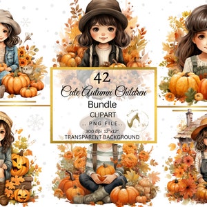 Autumn Children Cliparts, Pumpkin Girl, Pumpkin Boy, Sunflower Children, Watercolor Clipart, Fall Clipart, Autumn Element, Fall PNG clipart