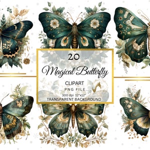 Aquarelle Papillons verts Clip Art, Enchanted Butterflies Clipart, illustrations embellissements d’album, Fabrication de cartes Utilisation commerciale PNG