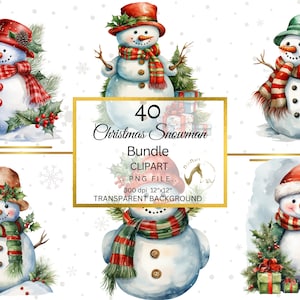 Watercolor snowman clipart, 40 high quality PNG files, Xmas snowman clip art, winter holidays, card making, printables, scrapbook