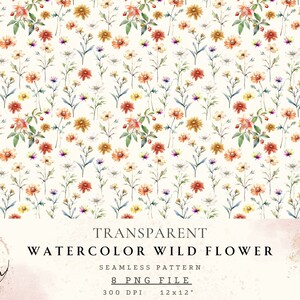 Puede incluir: Un patrón sin costuras con flores silvestres de acuarela en tonos naranja, amarillo, rojo y blanco sobre un fondo blanco. El patrón mide 30,5 cm por 30,5 cm y 300 DPI.