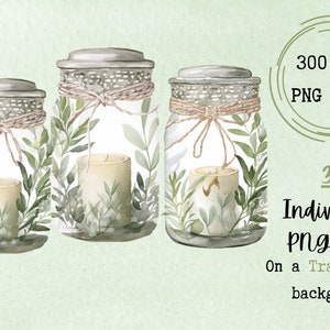 Watercolor Olive Decorations Clipart, Decor clipart, Wedding Clipart, White Candles Clipart, Wedding Centerpiece, White and Green Clipart image 2