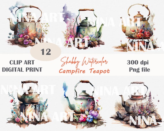 Shabby Chic Campfire Teapot Watercolor Clipart, Vintage Campfire Tea Kettle, Unique Floral Clipart, Sublimation Clipart, Commercial Use 