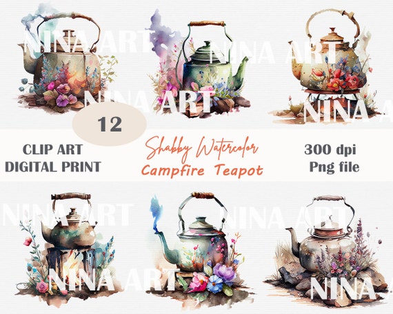 Shabby Chic Campfire Teapot Watercolor Clipart, Vintage Campfire Tea Kettle,  Unique Floral Clipart, Sublimation Clipart, Commercial Use 