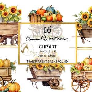 Aquarelle automne brouette clipart ensemble impression botanique, clipart tournesol, clipart citrouille, brouette de jardin numérique à usage commercial