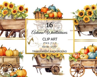 Watercolor Autumn Wheelbarrow Clipart Set, Sunflower Pumpkin PNG (Digital Download)