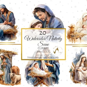 Nativity Scene Clipart Watercolor Bundle, Transparent PNG, Christmas Jesus clipart,Digital Download, Card Making Scrapbooking, Religious PNG