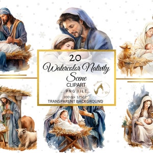Kerststal clipart aquarel bundel, transparante PNG, kerst Jezus clipart, digitale download, kaart maken scrapbooking, religieuze PNG