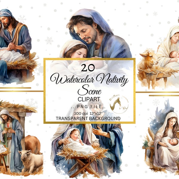 Nativity Scene Clipart Watercolor Bundle, Transparent PNG, Christmas Jesus clipart,Digital Download, Card Making Scrapbooking, Religious PNG