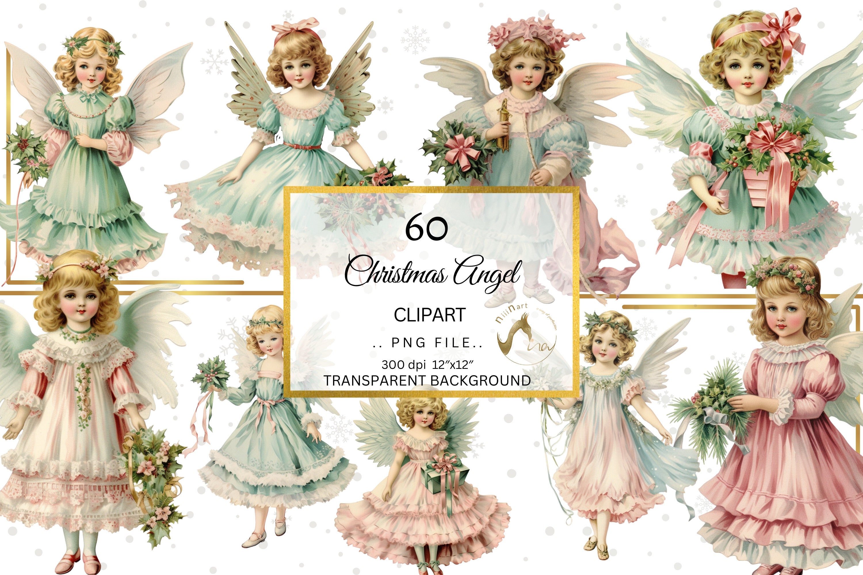 Christmas Angels Watercolor Clipart PNG, Vintage Christmas Angel Clipart, Printable Digital File, Christmas Season PNG, Commercial Use