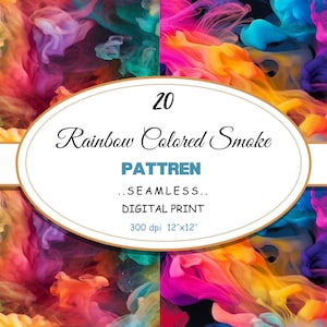 May include: A seamless digital print pattern featuring a colourful abstract design of swirling smoke in shades of red, orange, yellow, green, blue, purple, and pink. The pattern is 12 inches by 12 inches and 300 dpi.