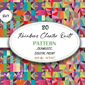 Può includere: Un download digitale di 20 motivi senza cuciture con un design di trapunta a imbroglio arcobaleno. I motivi sono a 300 dpi e misurano 30,48 cm per 30,48 cm. Vol 1 è scritto nell'angolo in alto a sinistra.