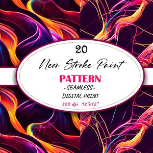 May include: 20 seamless digital print patterns featuring neon stroke paint in a variety of colors. The patterns are 12 inches by 12 inches and 300 dpi.