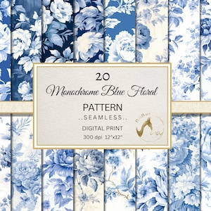 Monochromatisch blauw en wit bloemen digitaal papier, Mediterraan blauw naadloos patroon, bloem PNG, grafische bruiloft uitnodiging, blauwe bloemen