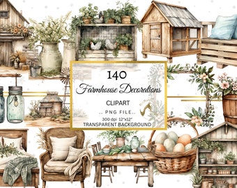 Watercolor Rustic Chic Farmhouse Clipart Bundle, Rustic Clipart Bundle, Neutral color farmhouse png, cozy farm decorations, scrapbooking