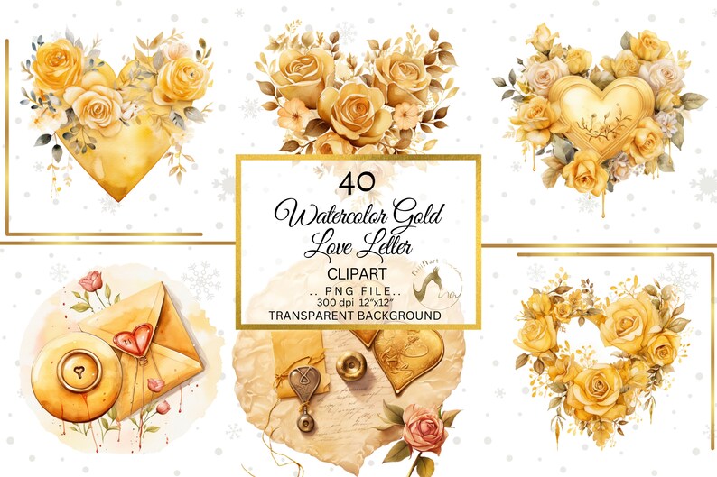 Op de afbeelding: Watercolor gouden liefdesbrief clipart met hartvormige bloemstukken, enveloppen en decoratieve elementen. De afbeelding bevat de tekst "40 Watercolor Gold Love Letter Clipart PNG file 300 dpi 30.48cm x 30.48cm Transparent Background."