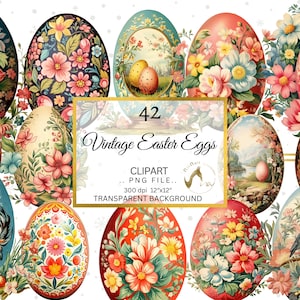Vintage Easter Eggs Clipart, Easter Rabbit, Painted Easter Cute, Whimsical, Floral Egg Illustrations, Spring Clipart, Card making, scrapbook