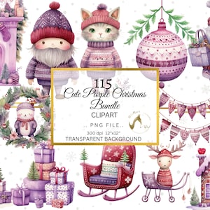 Watercolor Purple Christmas Clipart PNG Bundle, Purple Winter Christmas Card Clipart, Purple Christmas, Purple Holiday, Purple Christmas png