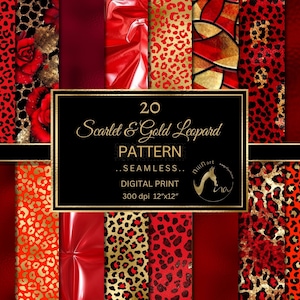 Carta digitale leopardata scarlatta e dorata, motivi a macchie di leopardo senza soluzione di continuità, stampa animalier Safari rosso glitter leopardo rosso, uso commerciale