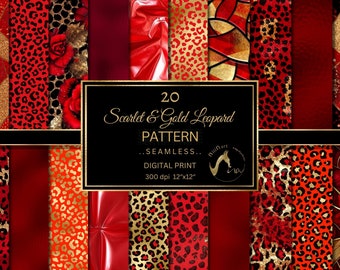 Scarlet and Gold Leopard Digital Paper, Seamless Leopard Spot Patterns, Red Safari Animal Print Red Leopard Glitter, Commercial Use