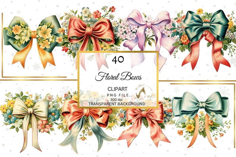 May include: A digital art image featuring a collection of floral bows in various colors, including teal, pink, and peach. Each bow is adorned with floral arrangements and ribbons. The image includes text that reads "40 Floral Bows Clipart PNG File 300 dpi Transparent Background."