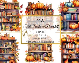 Fall Bookshelf Clipart Bundle | Autumn Book Stacks (PNG, Digital Download)