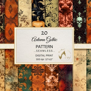Autumn Gothic Digital Paper, Seamless Rustic Halloween Patterns and Distressed Textures Digital Download, Commercial Use