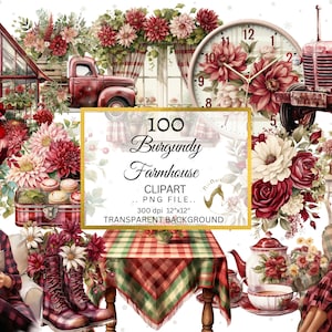 Big Country vintage Red Burgundy Farmhouse Aquarelle Clipart Bundle, Fleurs victoriennes, Scrapbook, Junk Journal, Paper Crafts, Sublimation