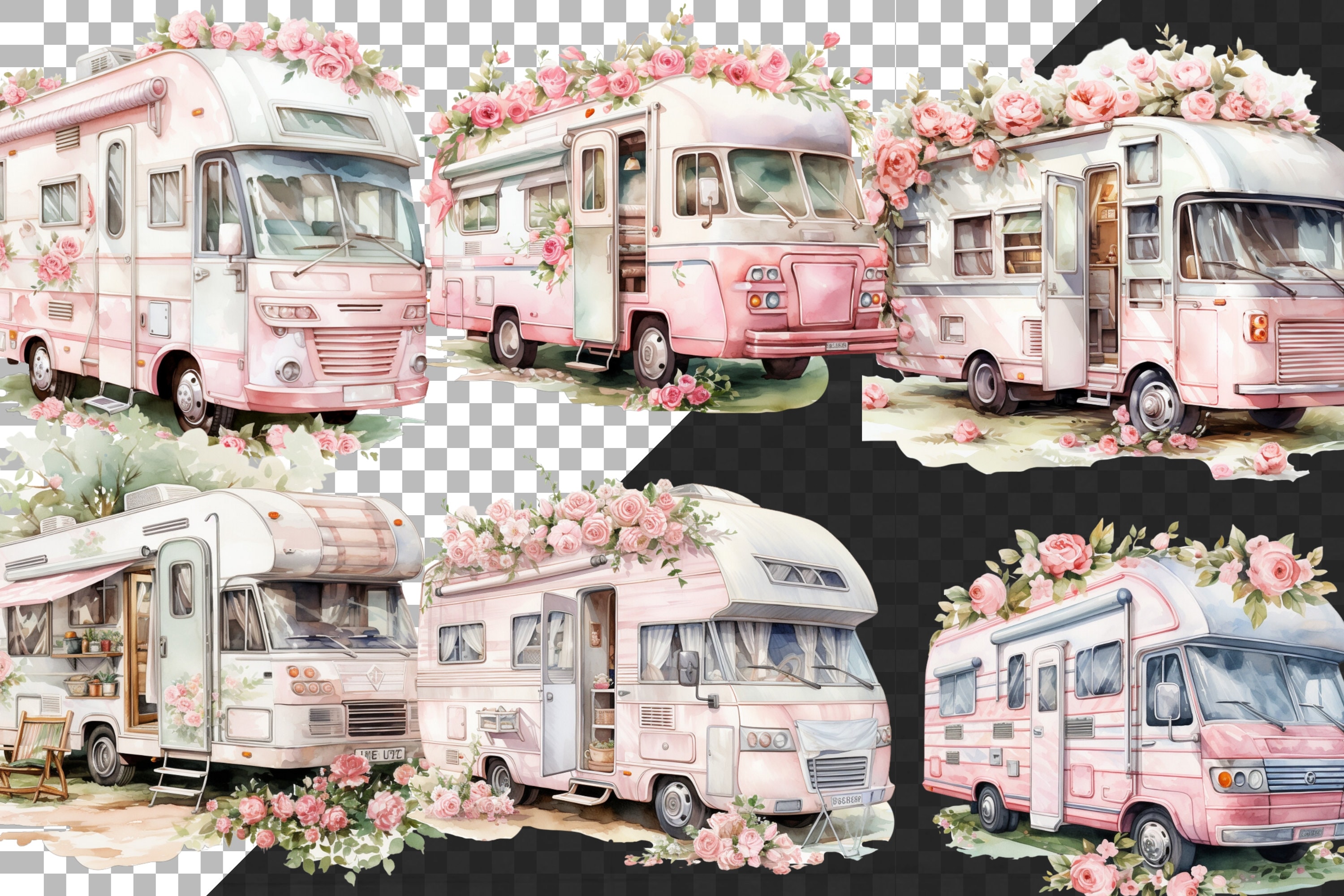 Pink Rv Drawing Floral RV Clipart Bundle, Pink Motorhome, Watercolor Illustrations ...