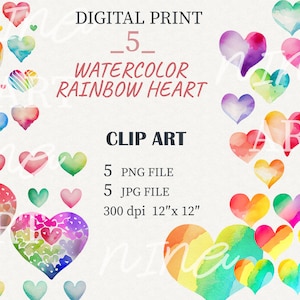Coração de arco-íris em aquarela de namorados, aquarela, conjunto de 5 clipart digital, corações coloridos PNG, clipart de coração em aquarela, multicolorido, amor vol1
