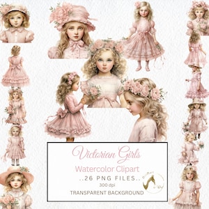 Viktorianische Mädchen Aquarell Clipart Bundle PNG Rosa Vintage Mädchen Kunst Karte Grafik Basteln Papier Junk Journal Seiten Scrapbook Download