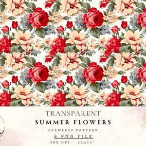 Floral Seamless Pattern, 8 Color Variation, Transparent Repeatable Digital Paper, Vintage Floral Printable Design, Seamless Texture PNG
