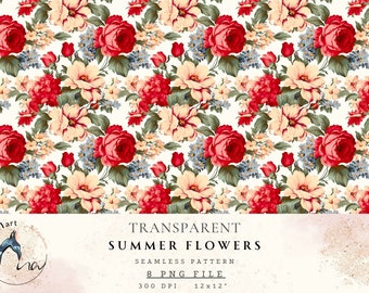 Puede incluir: Un patrón sin costuras con flores rojas, rosas y amarillas sobre un fondo blanco. El patrón se llama "Flores de verano transparentes" y está disponible como archivo PNG 8, 300 DPI, 12x12 pulgadas.