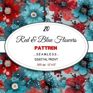 以下が含まれることがあります： 赤と青の花柄のデジタルプリント。デザインには「20 Red & Blue Flowers PATTERN ..SEAMLESS.. DIGITAL PRINT 300 dpi 30.48cm x 30.48cm」という文字が含まれています。花は白い中心部を持ち、暗い背景に配置されています。