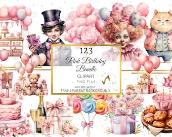 Pink Birthday Watercolor Clipart Bundle (PNG)